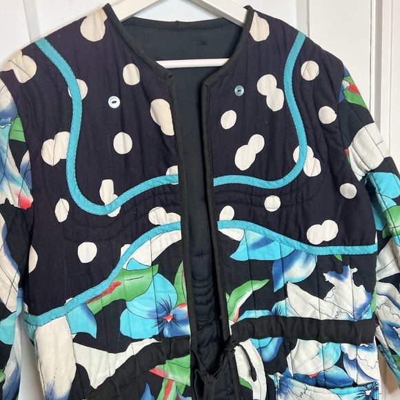 Quilted Floral Open Cotton Jacket - L - Polka Dots, Buttons, Drawstring Waist - Picture 3 of 8